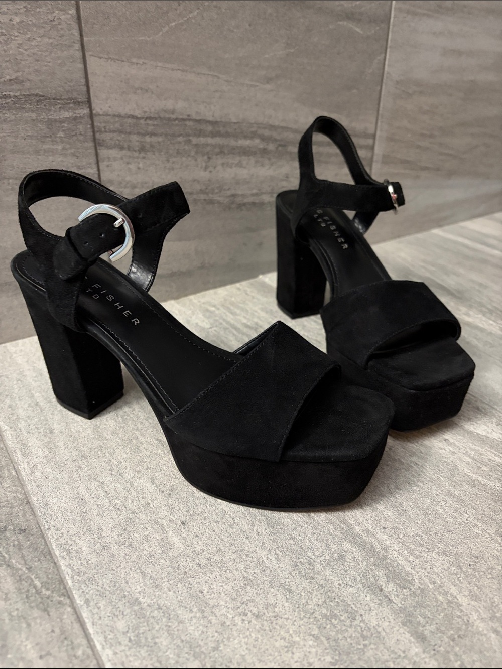 Marc Fisher Black Suede Platform Block Heel Sandals